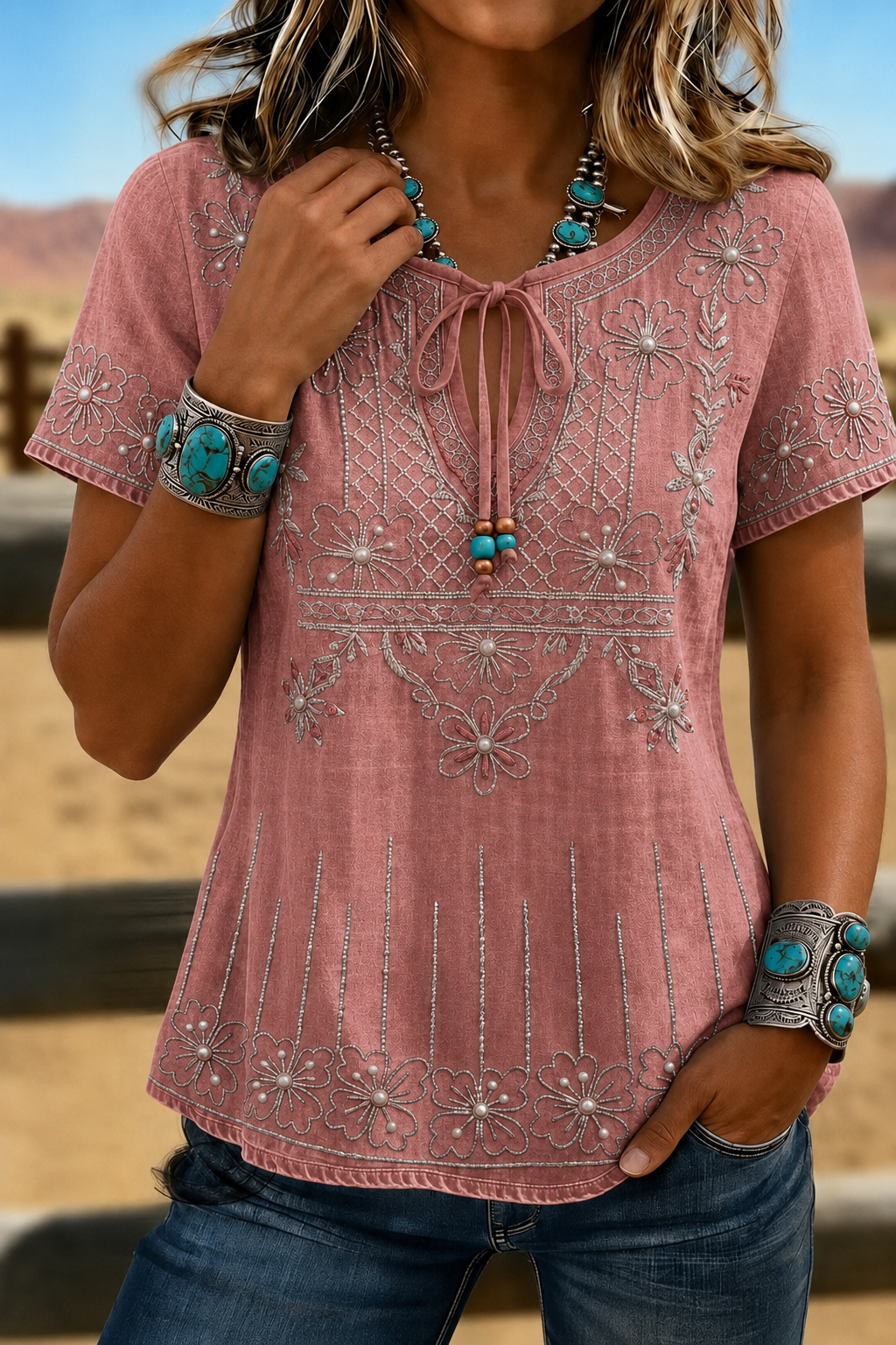 Women’s Floral Embroidered Tie-Neck Short Sleeve Denim-Look Top