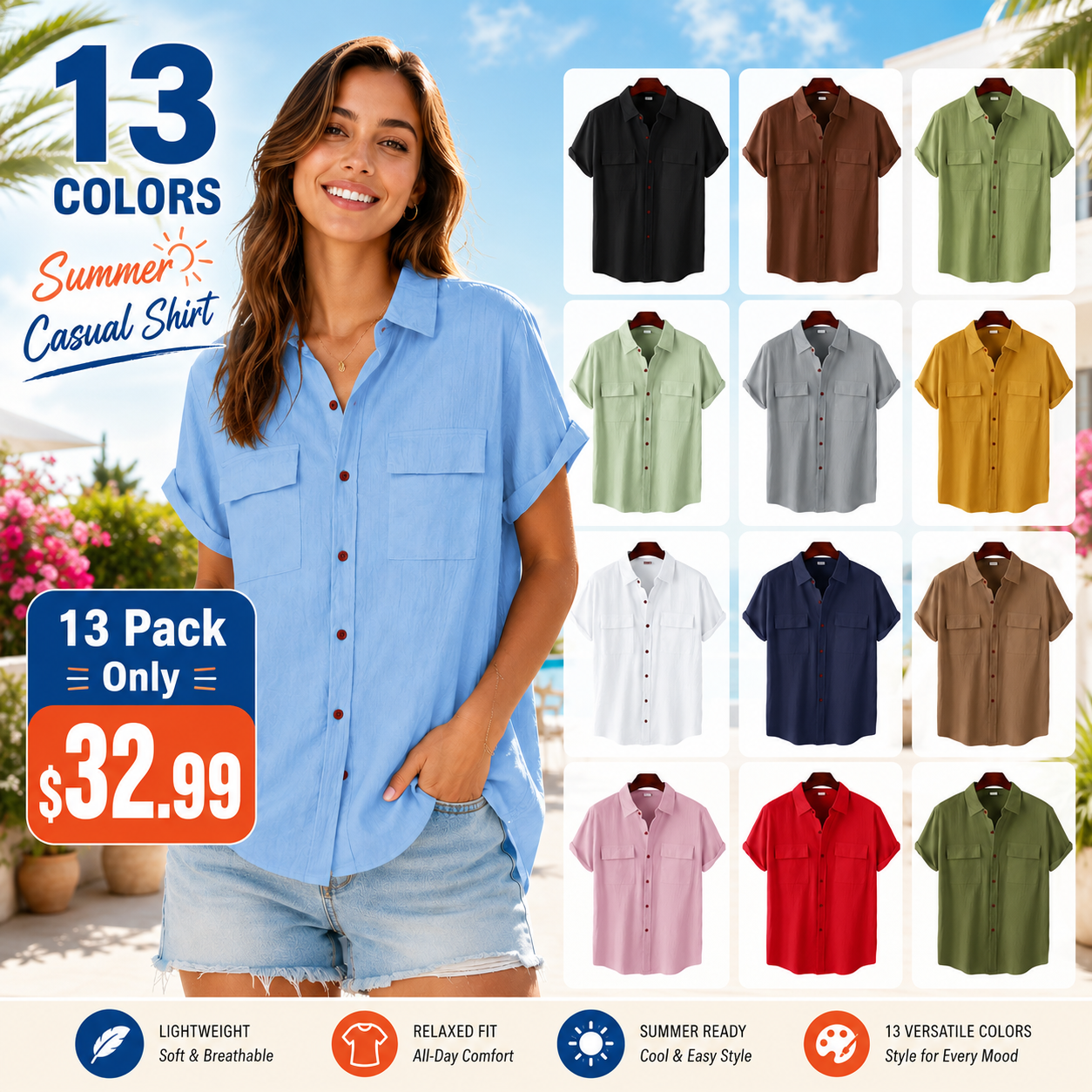 Seasonal Clearance Sale      Women's Short Sleeve Button-Up Shirts 13-Pack | Only $32.99