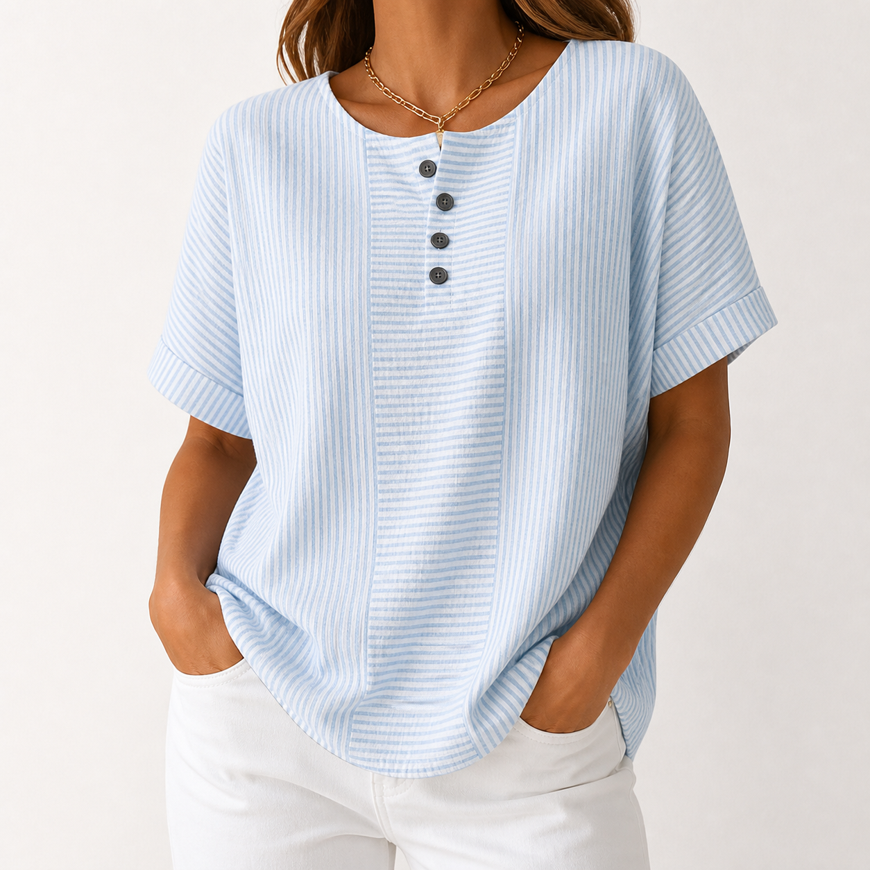 Women's striped button henley top model