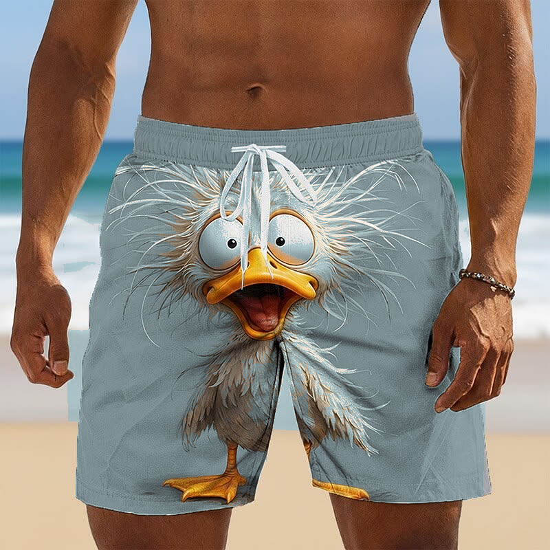 Men's novelty bird print beach shorts front view