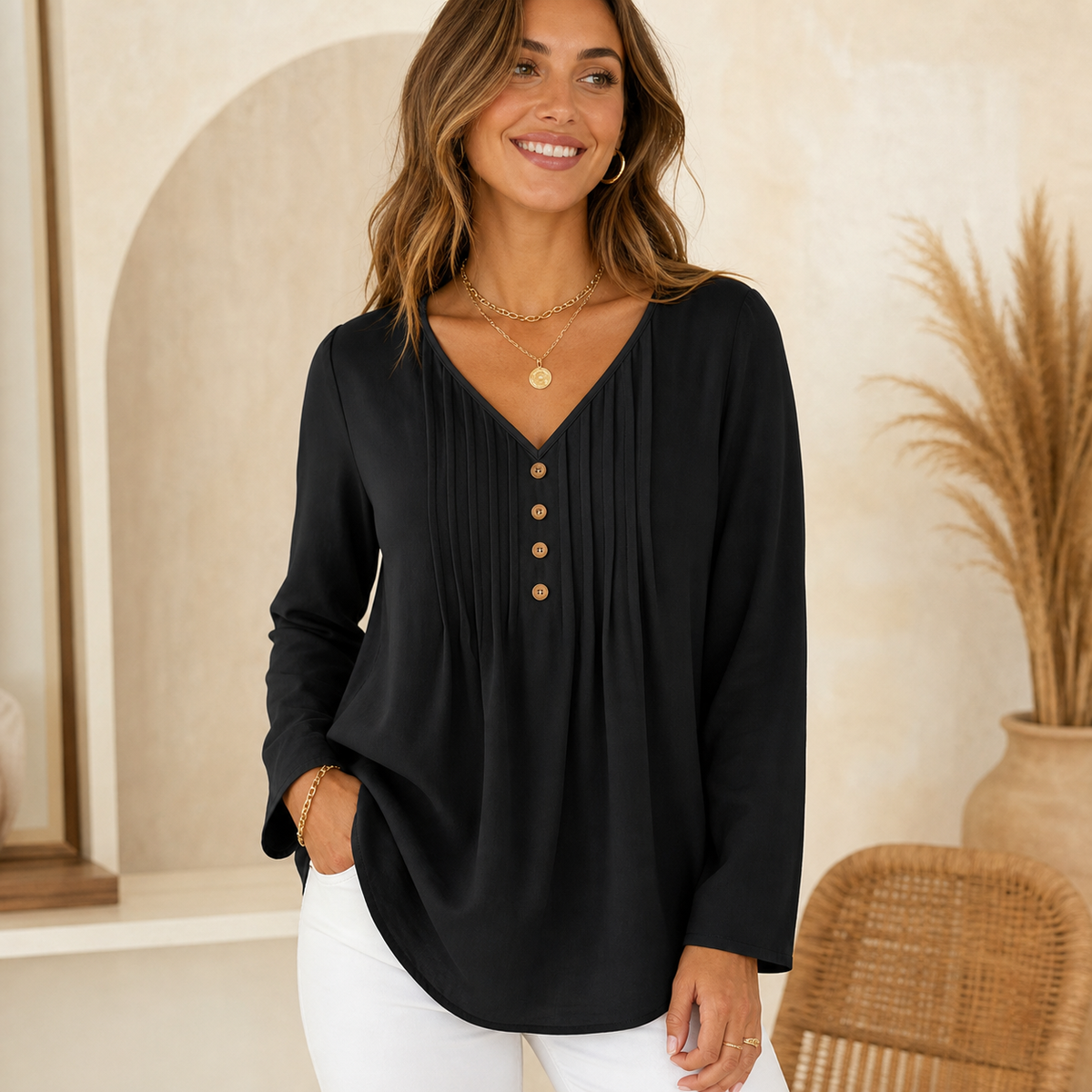 Women's v-neck pleated button blouse black
