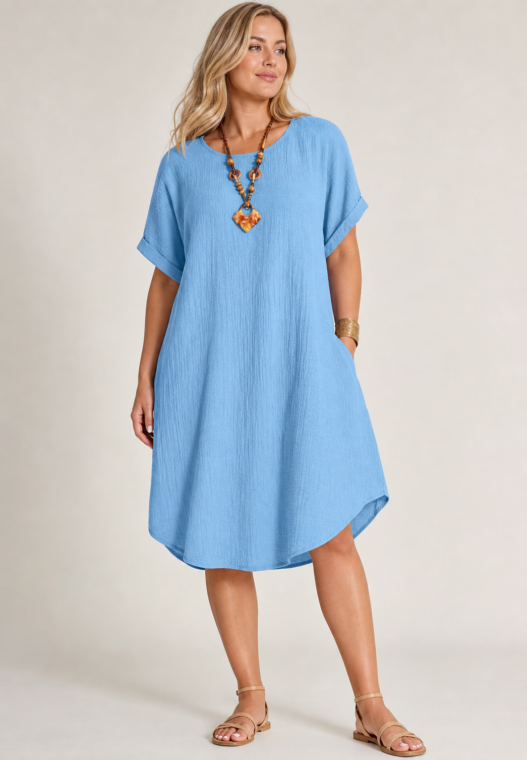Women's loose cotton linen shift dress model