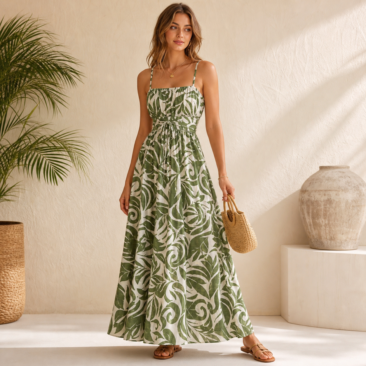 Women's tropical print tie waist cami maxi dress hero model