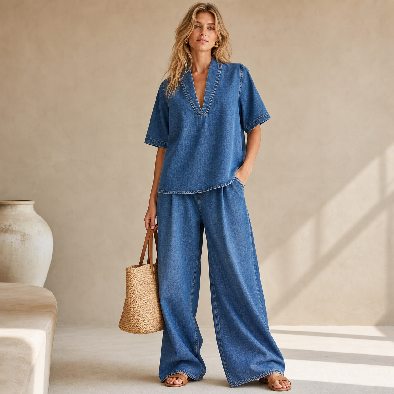 Women's denim V-neck wide-leg two-piece set hero model