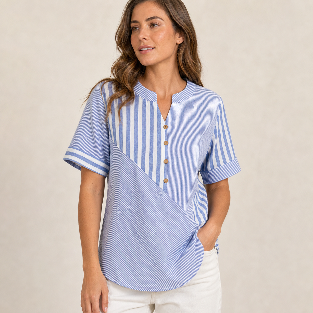 Women's striped patchwork button blouse model