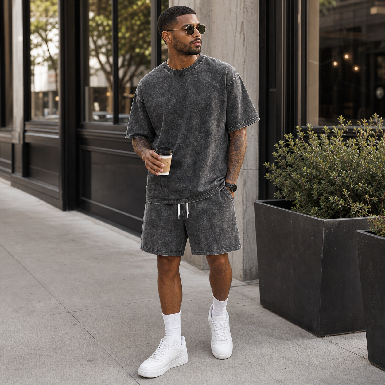 Men's washed tee and shorts set lifestyle scene