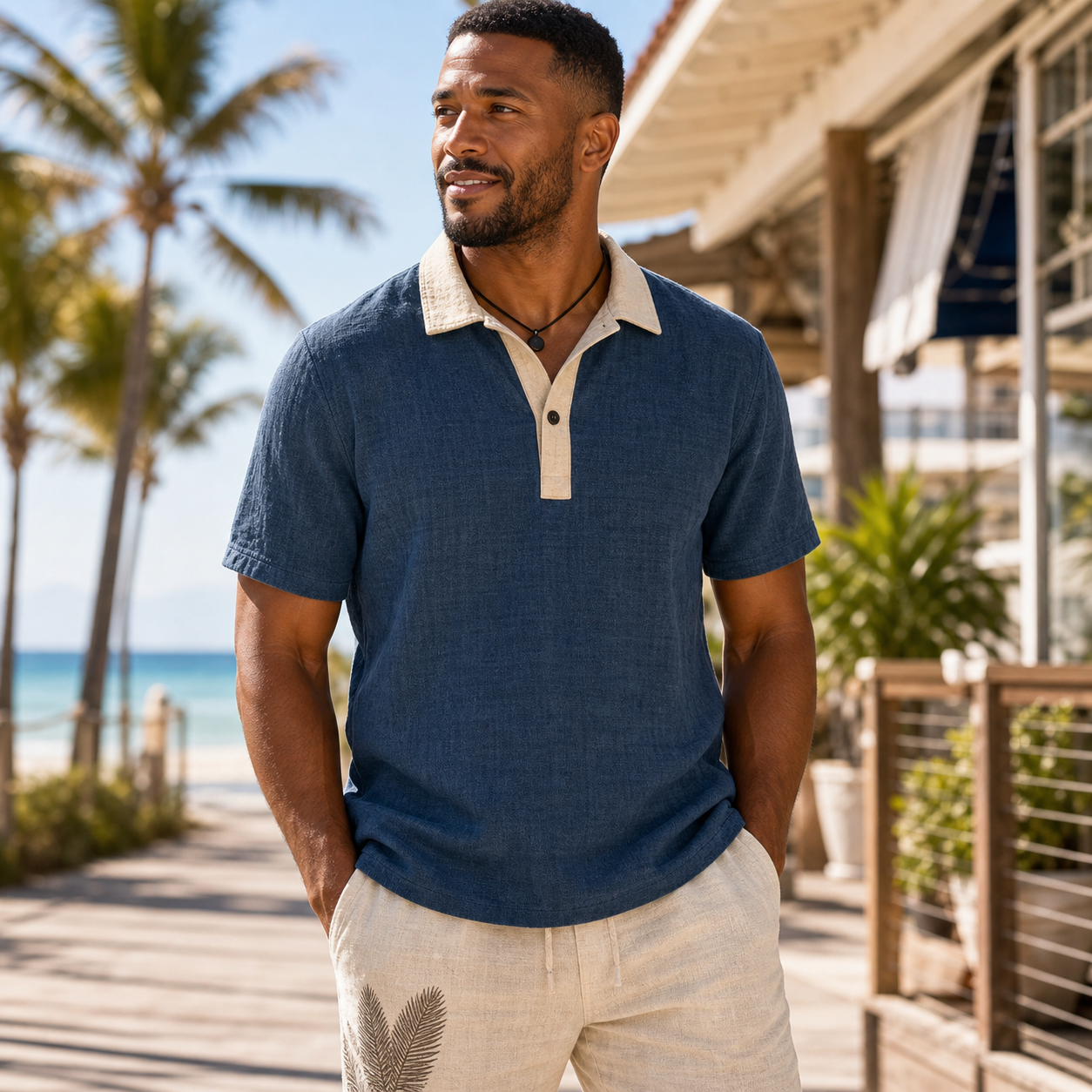Men's contrast collar polo lifestyle scene