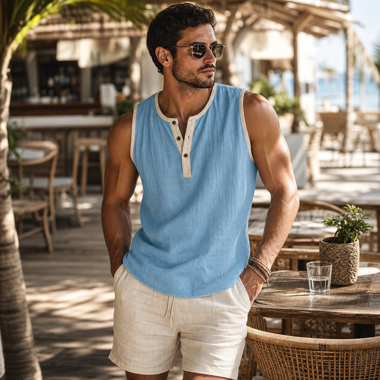 Men's sleeveless henley tank top summer lifestyle scene