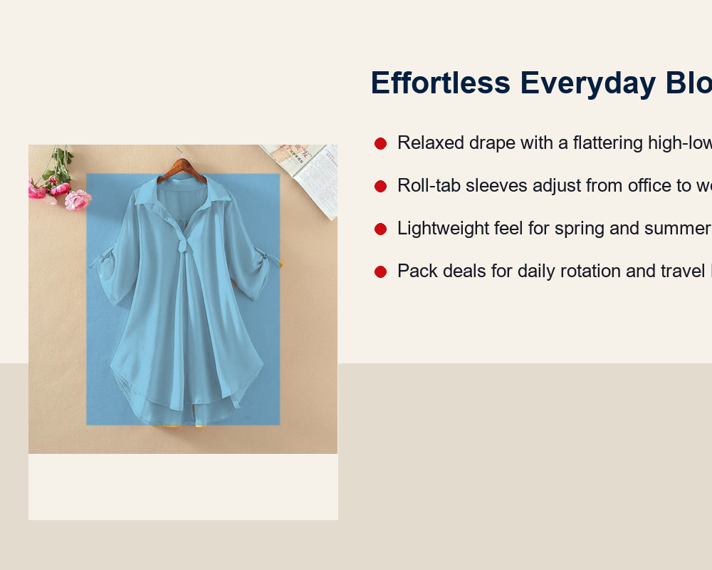 Women's roll tab tunic blouse everyday lifestyle scene