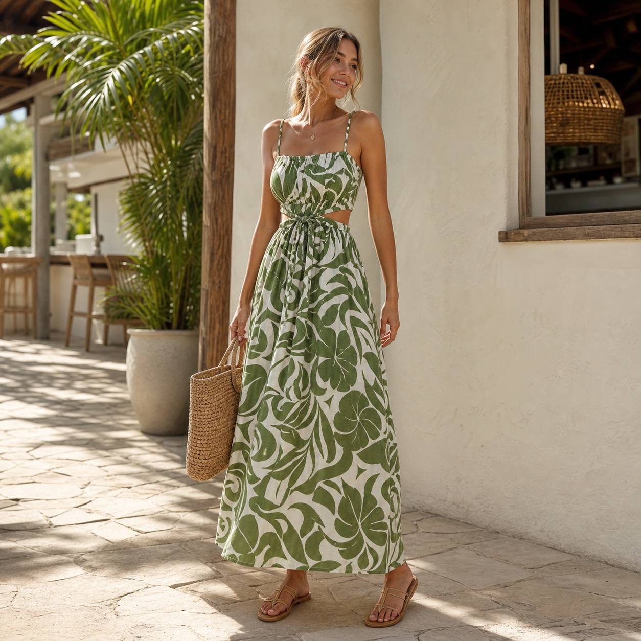 Women's tropical print cami maxi dress resort lifestyle scene