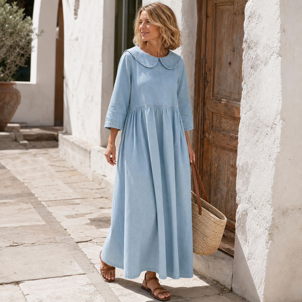 Women's Peter Pan collar denim maxi dress lifestyle scene