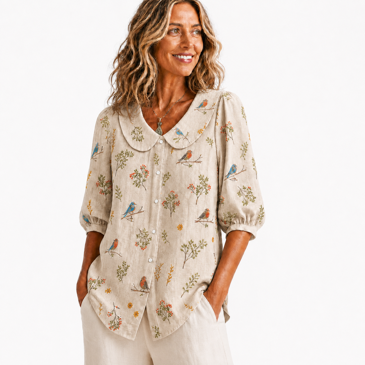 Beige women's bird botanical collar blouse