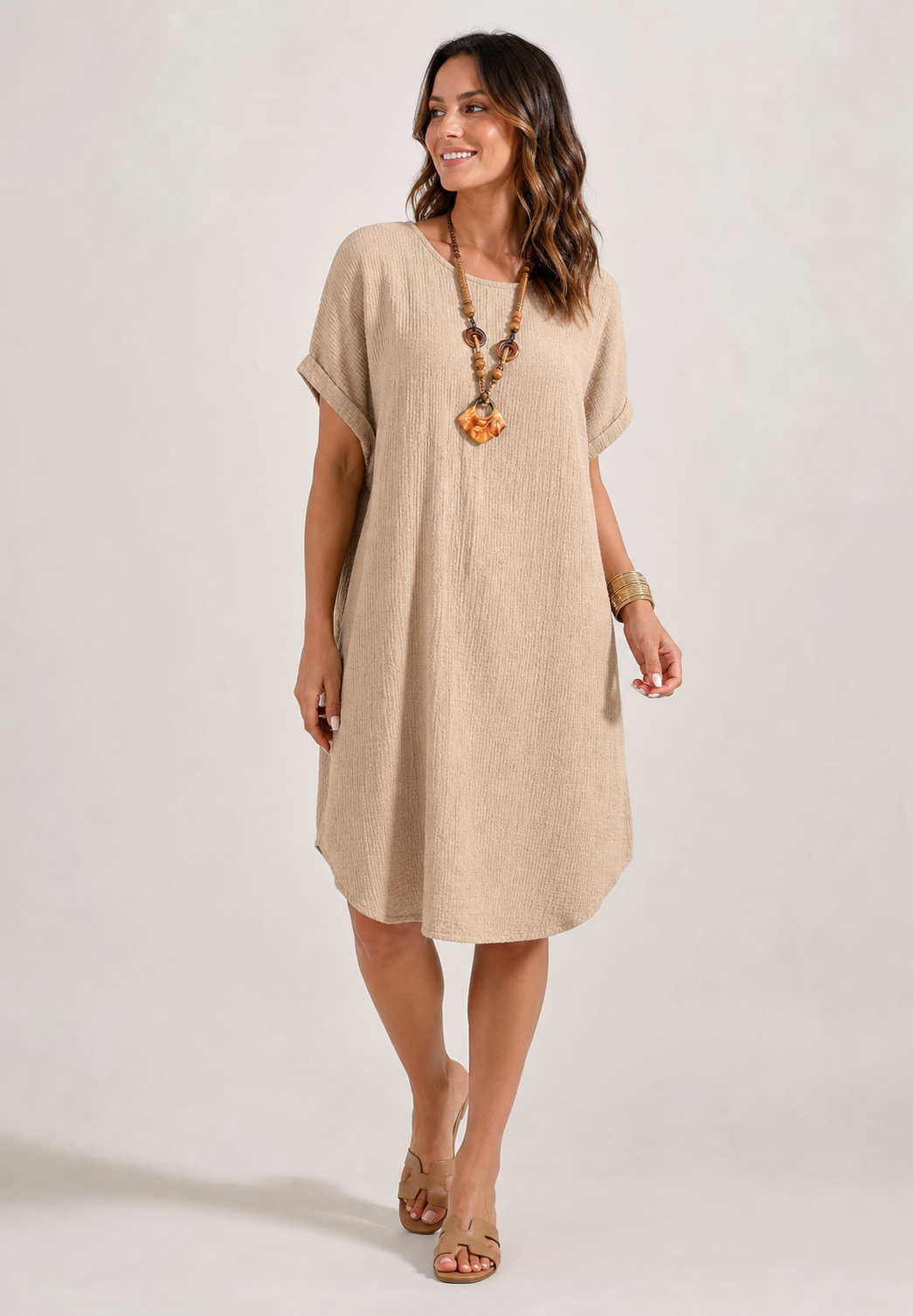 Beige women's loose cotton linen shift dress