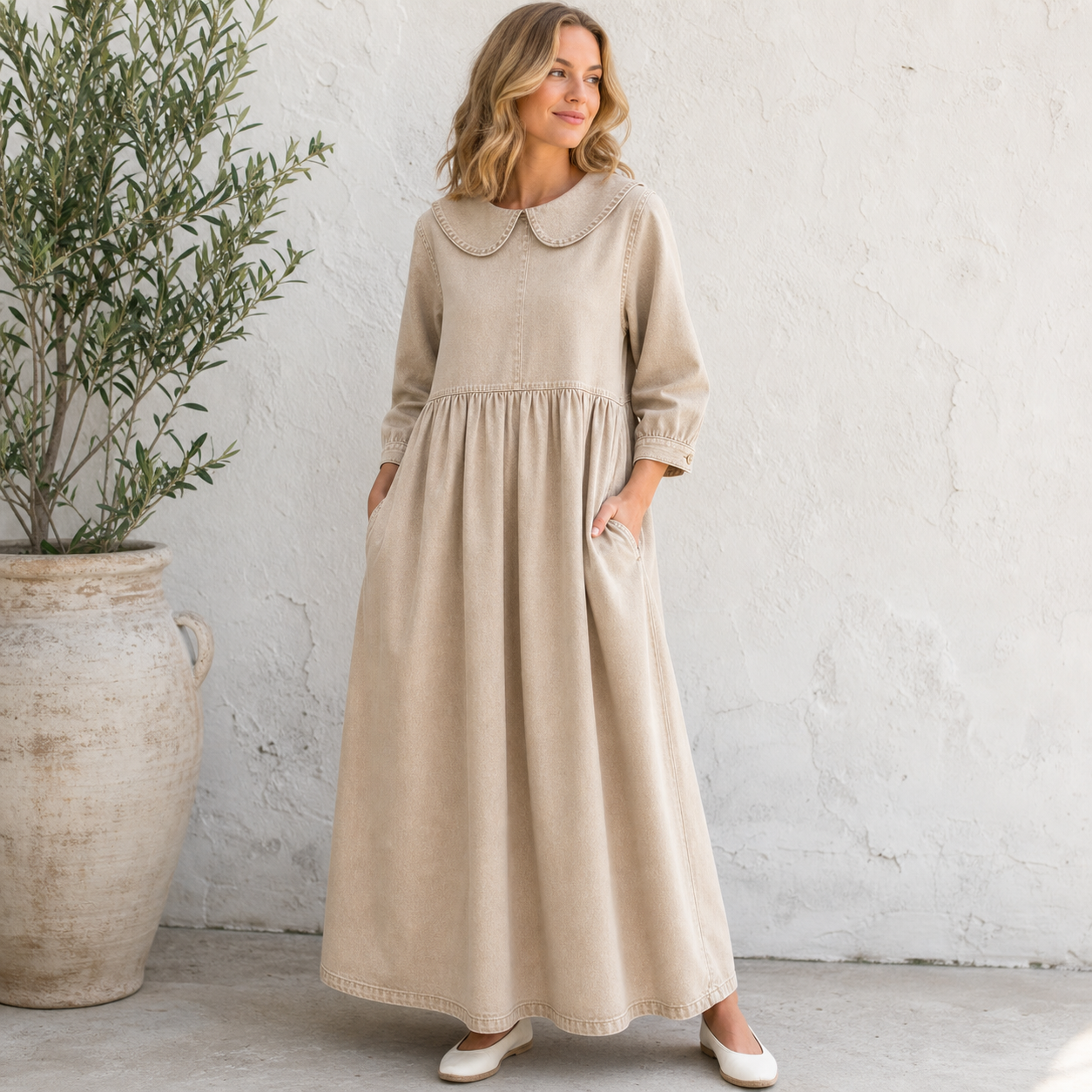 Beige women's Peter Pan collar denim maxi dress