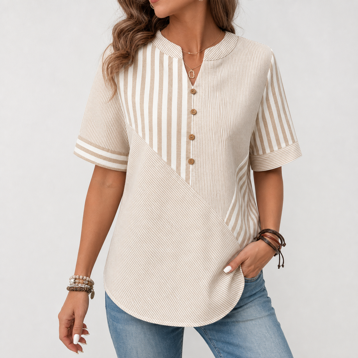 Beige women's striped patchwork button blouse