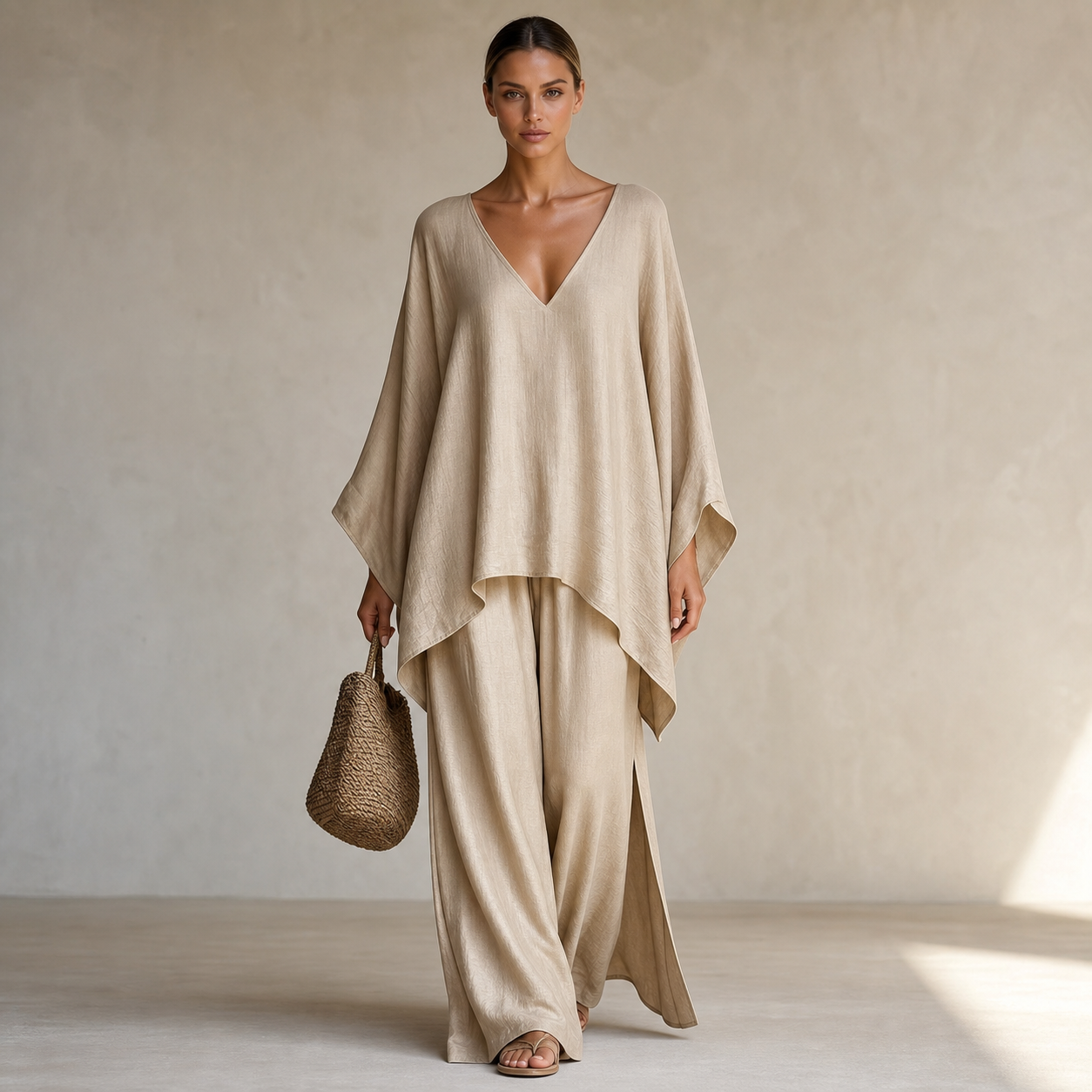 Beige women's loose V-neck two piece set