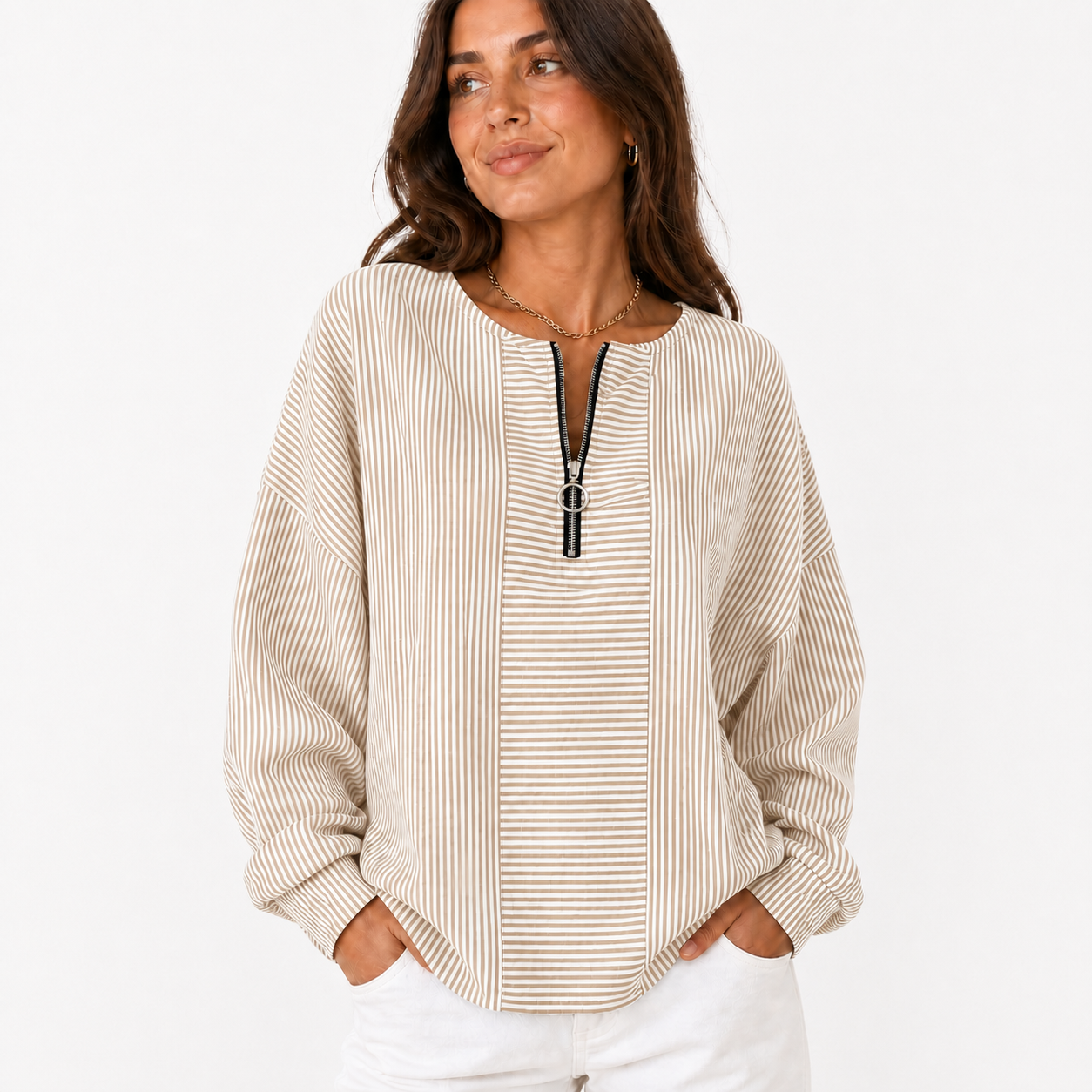 Beige Stripe women's striped zip-neck pullover