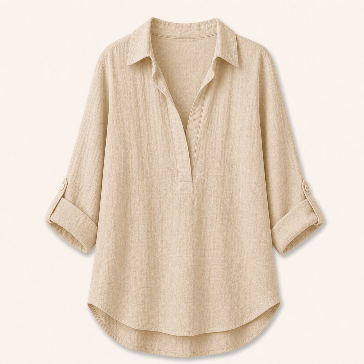 Beige women's linen roll-sleeve tunic shirt