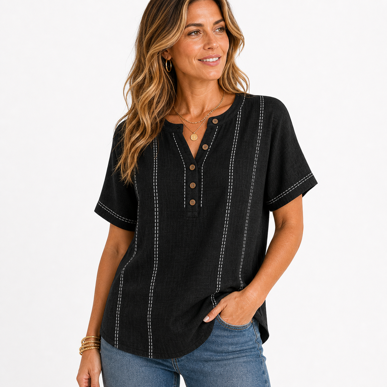 Black women's contrast stitch Henley top