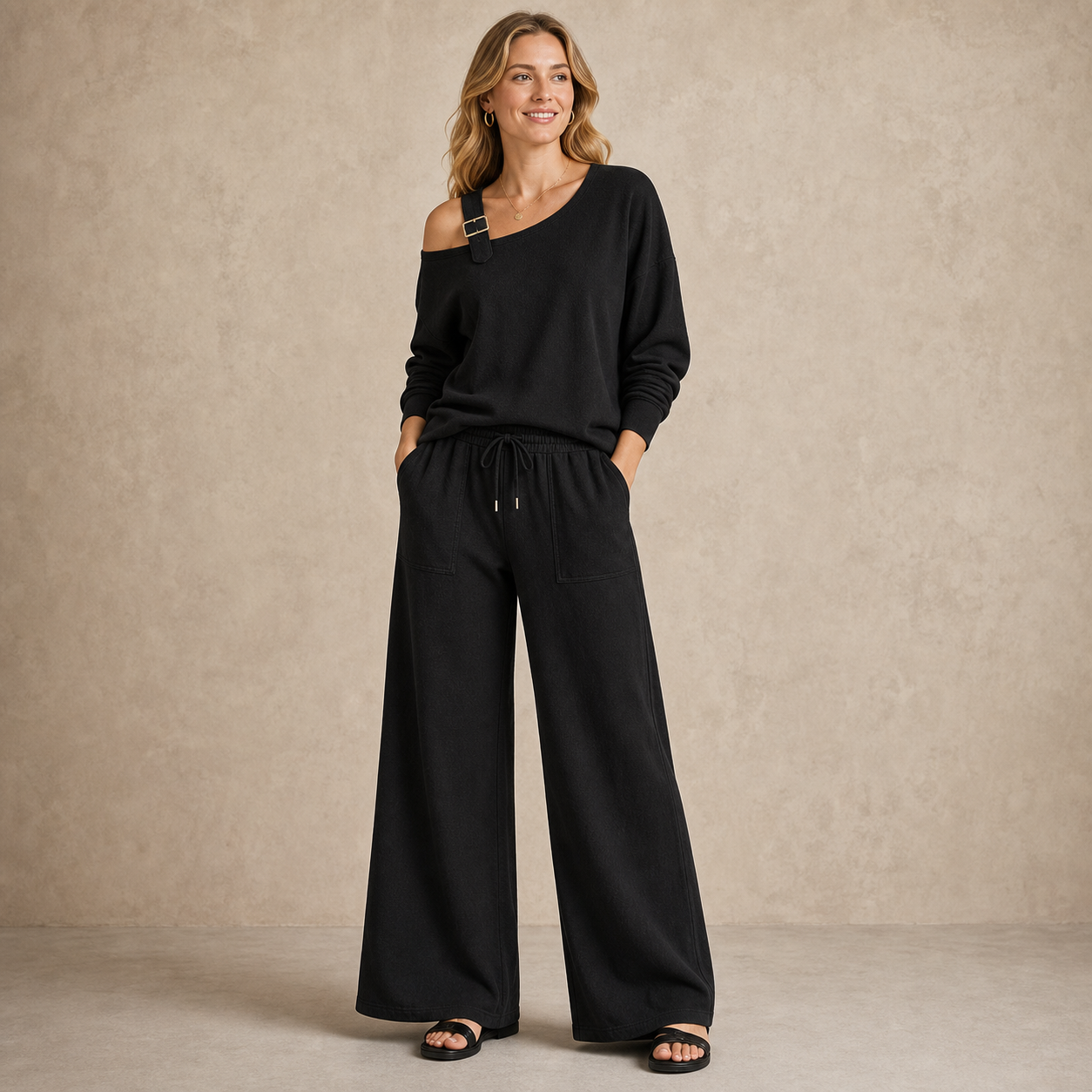 Black women's off shoulder buckle lounge set