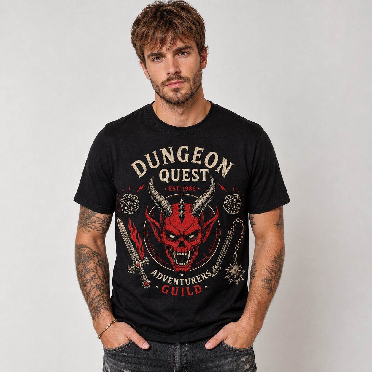 Black men's dungeon quest graphic tee