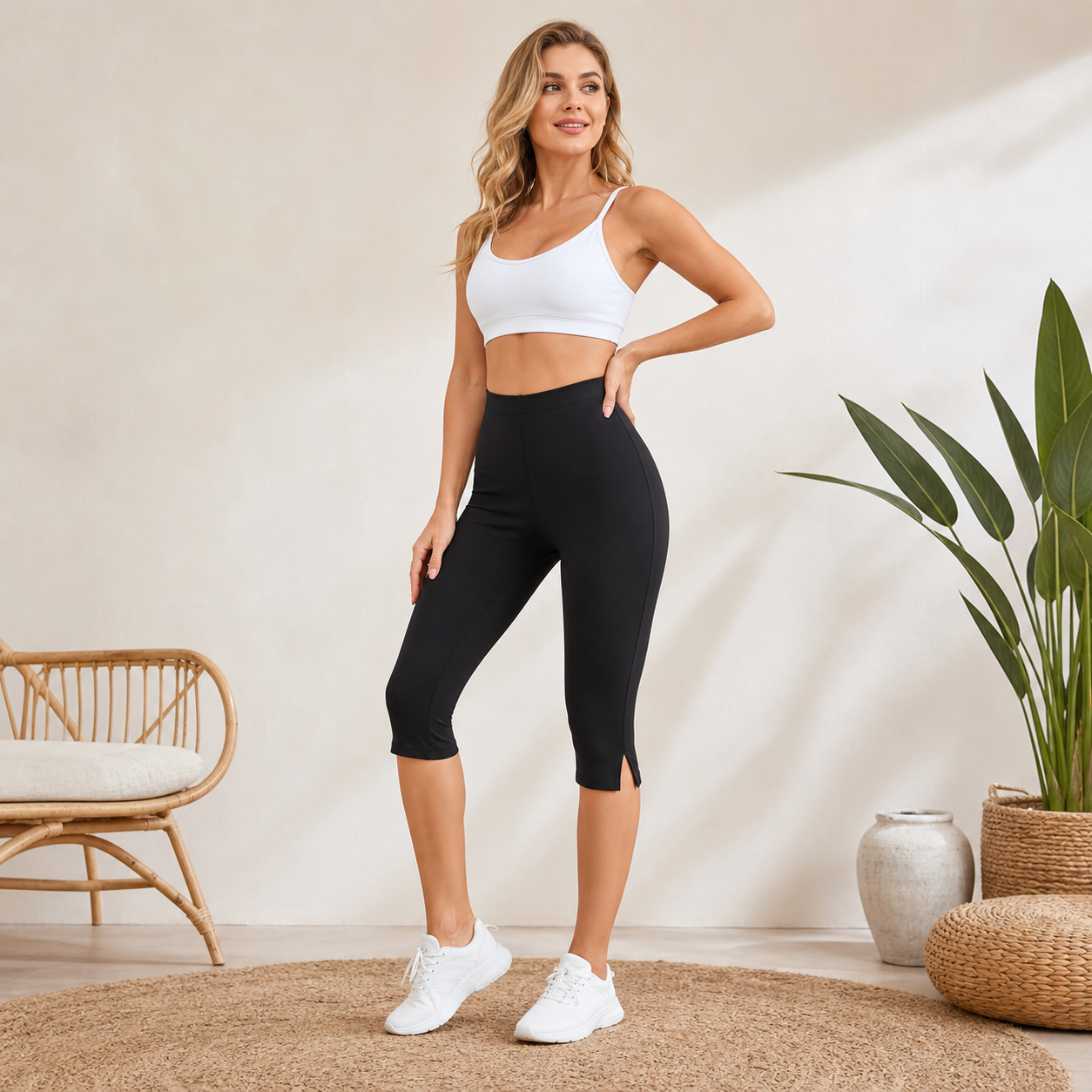 Black women's high waist side slit capri leggings