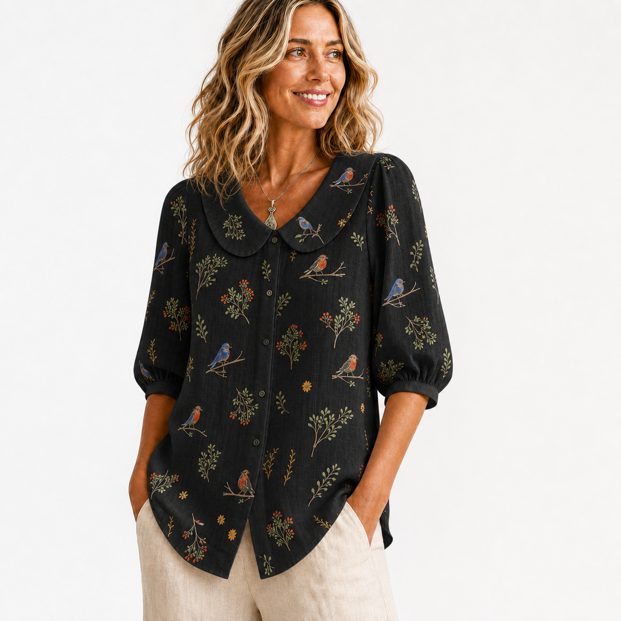 Black women's bird botanical collar blouse