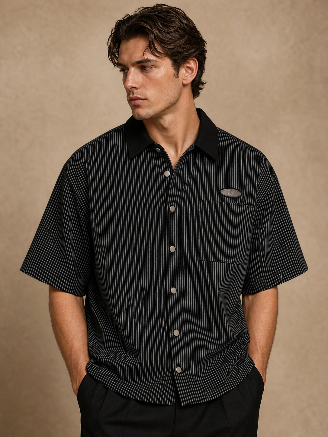 Black men's striped button shirt