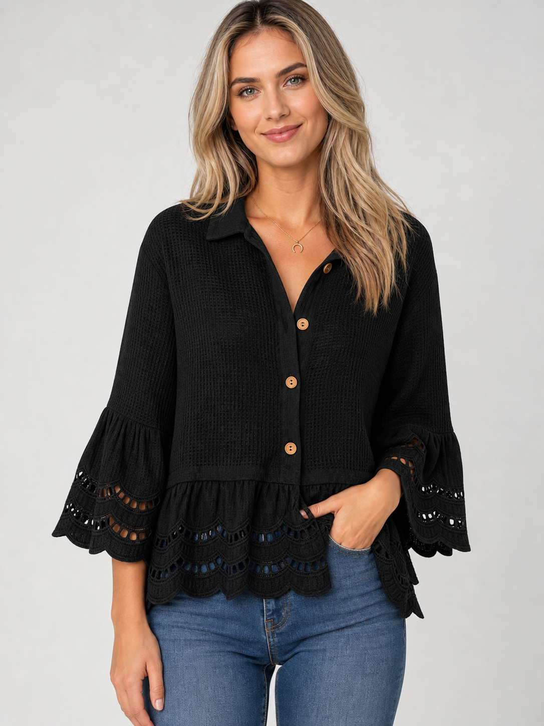 Black women's lace trim button blouse