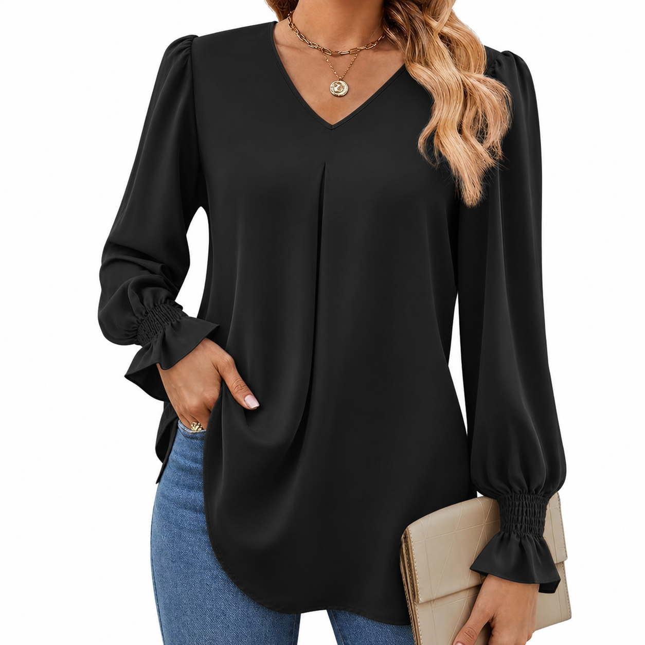 Black women's V-neck pleated sleeve blouse