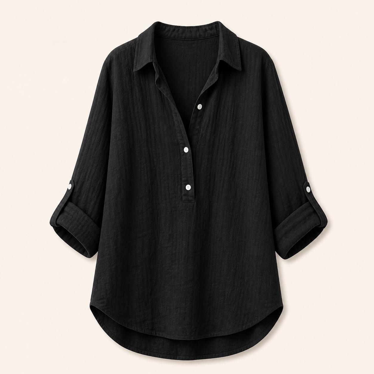 Black women's linen roll-sleeve tunic shirt