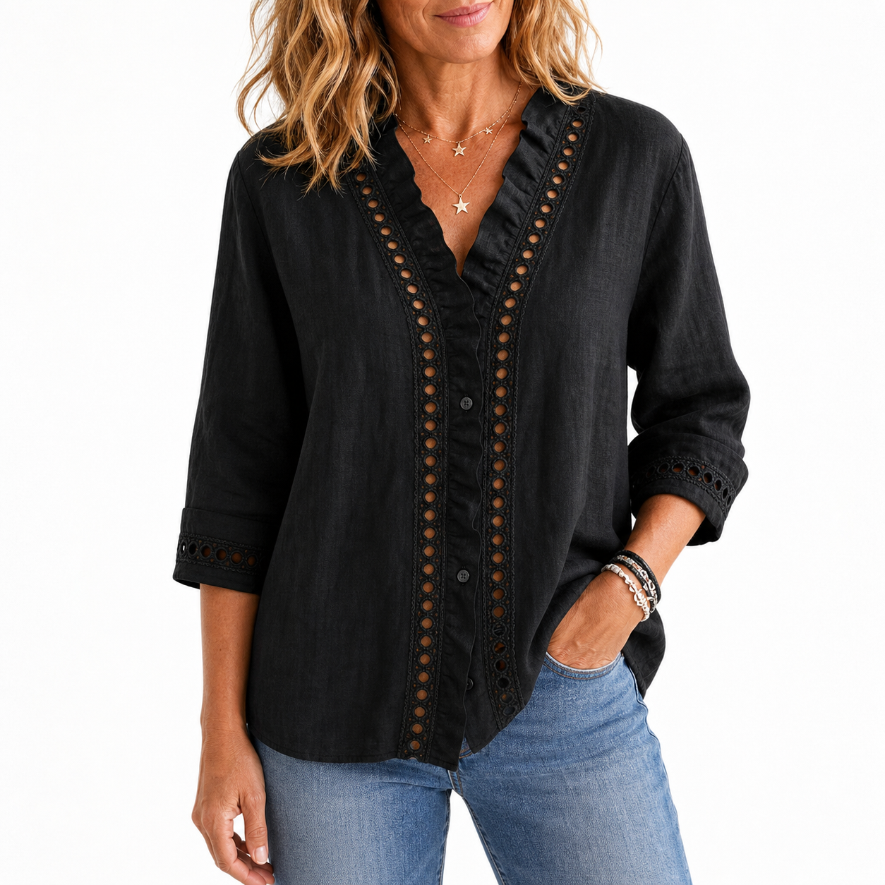 Black women's linen lace ruffle V-neck blouse