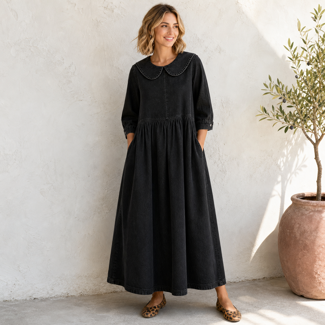 Black women's Peter Pan collar denim maxi dress