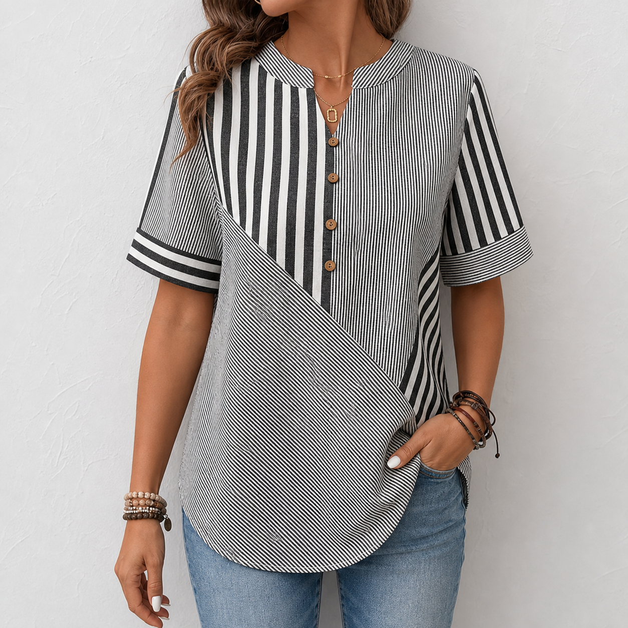 Black women's striped patchwork button blouse