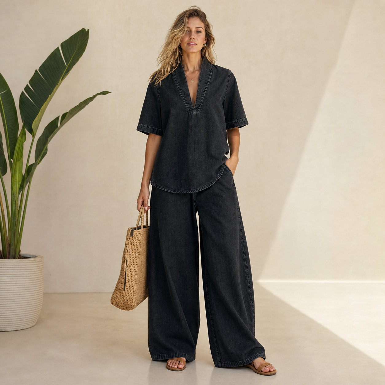 Black Denim women's denim V-neck wide-leg two-piece set