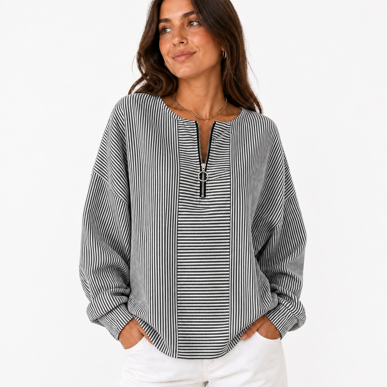 Black Stripe women's striped zip-neck pullover