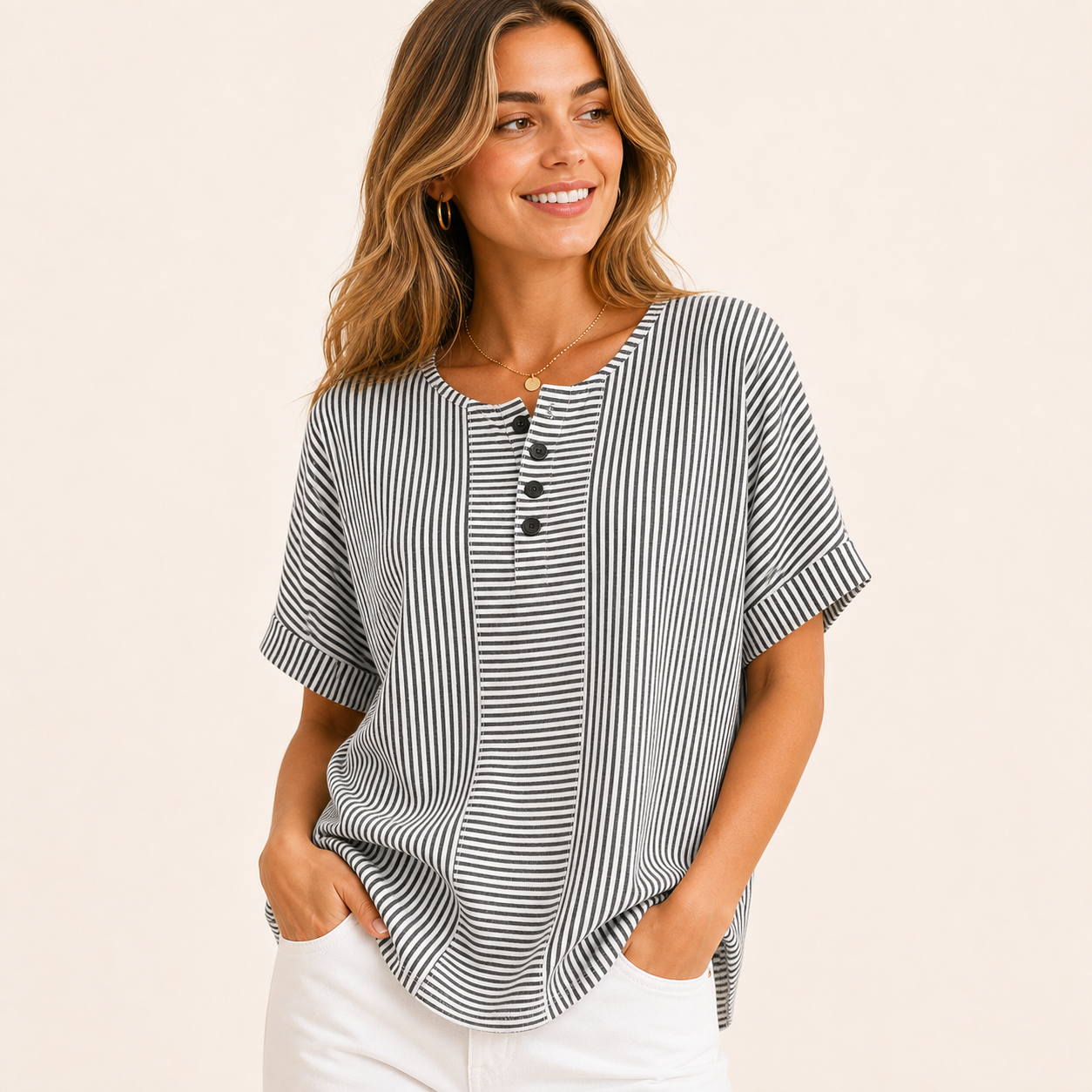 Black Stripe women's striped button henley top