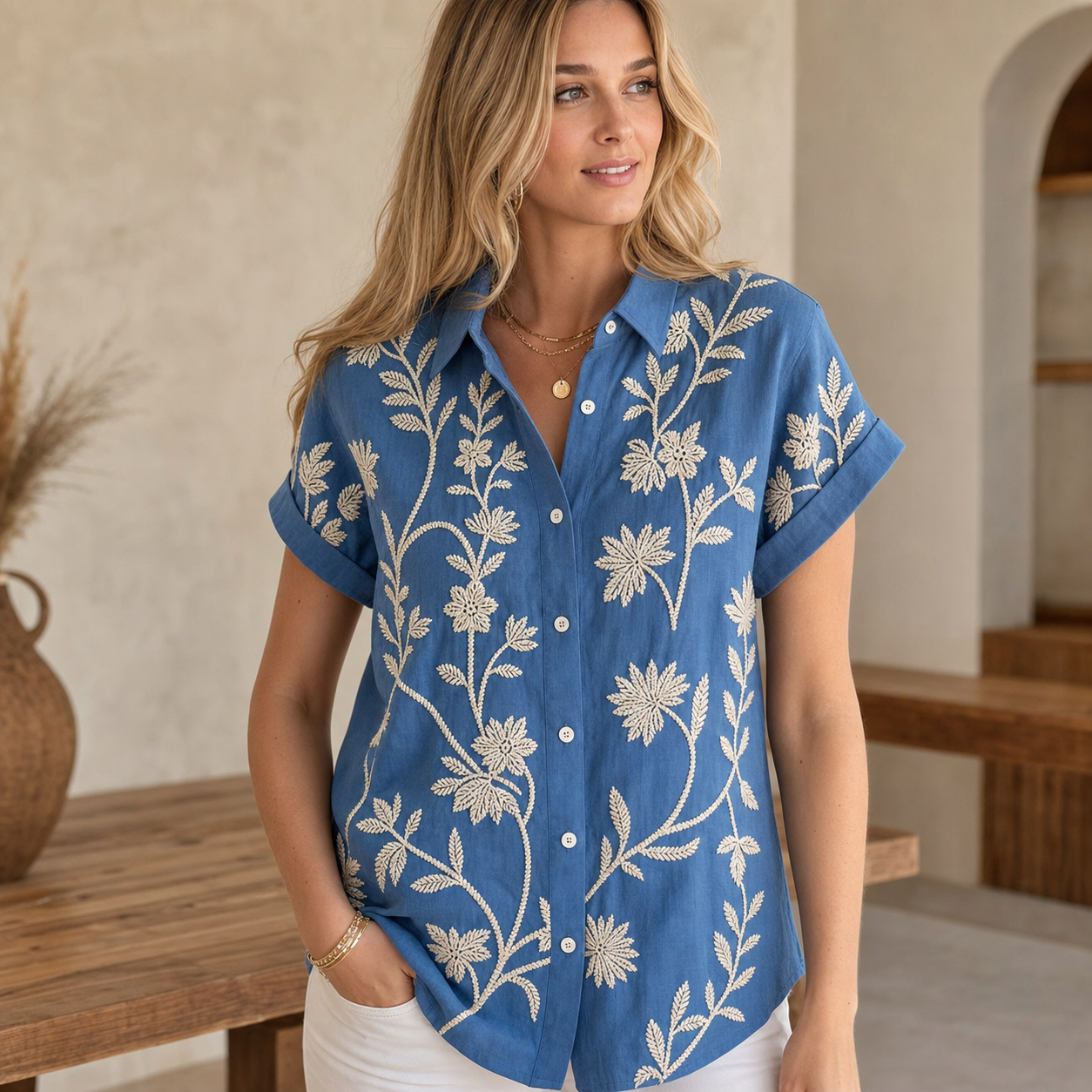 Blue women's embroidered floral button shirt