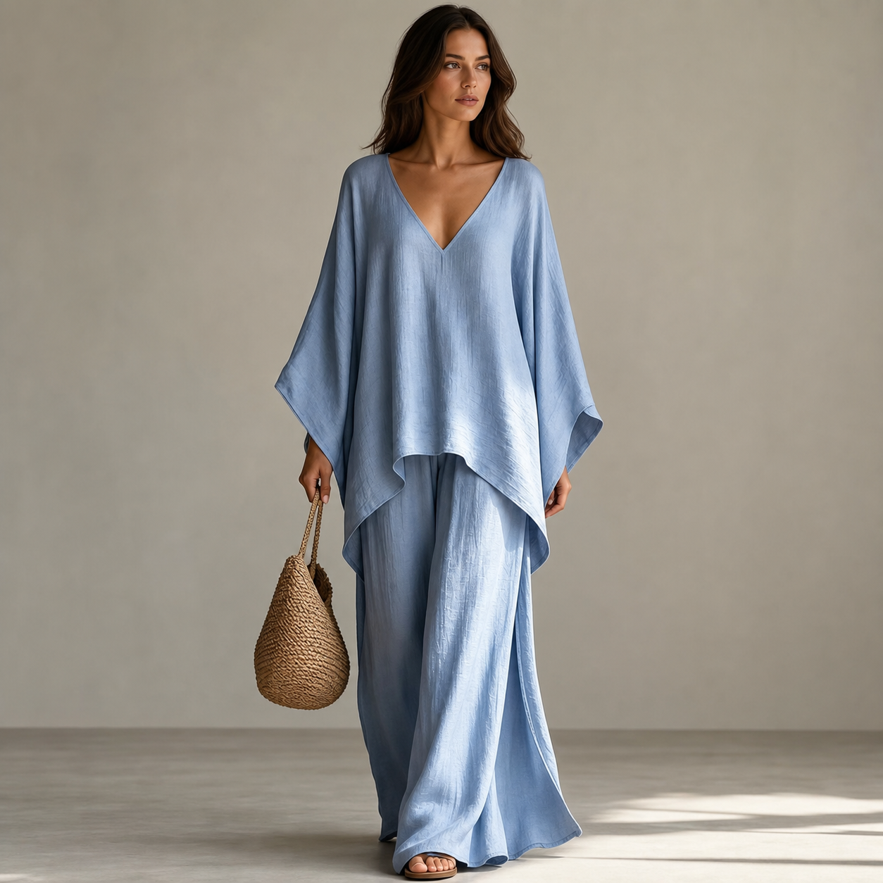 Blue women's loose V-neck two piece set