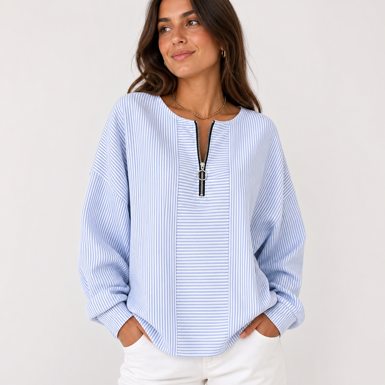 Blue Stripe women's striped zip-neck pullover