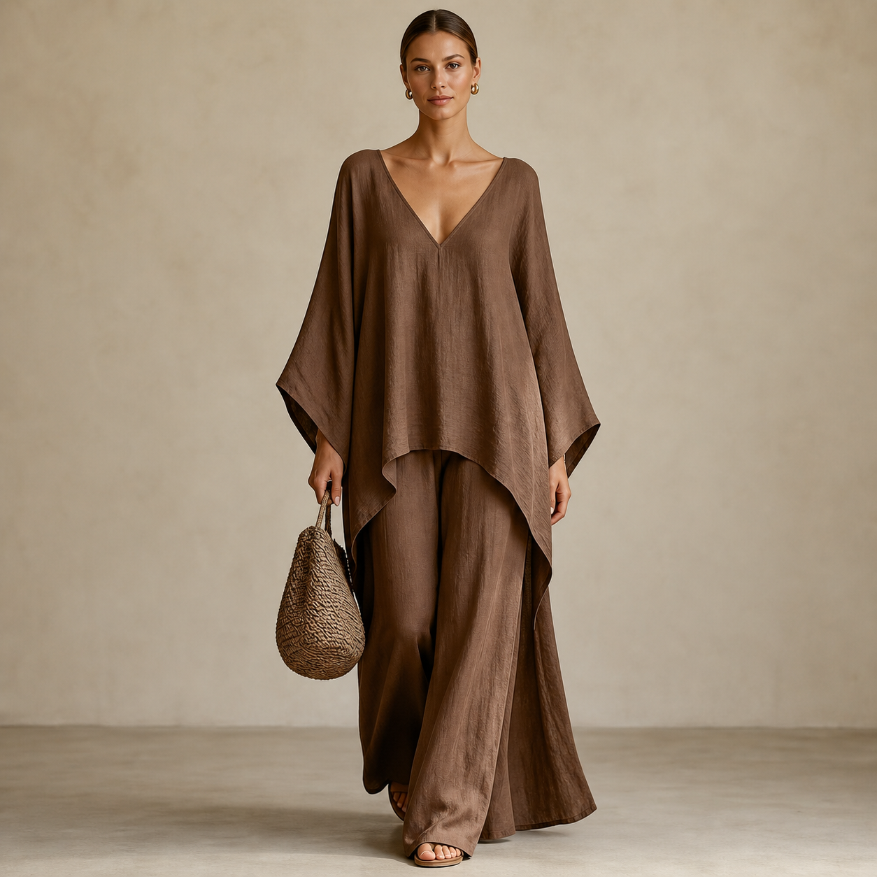Brown women's loose V-neck two piece set