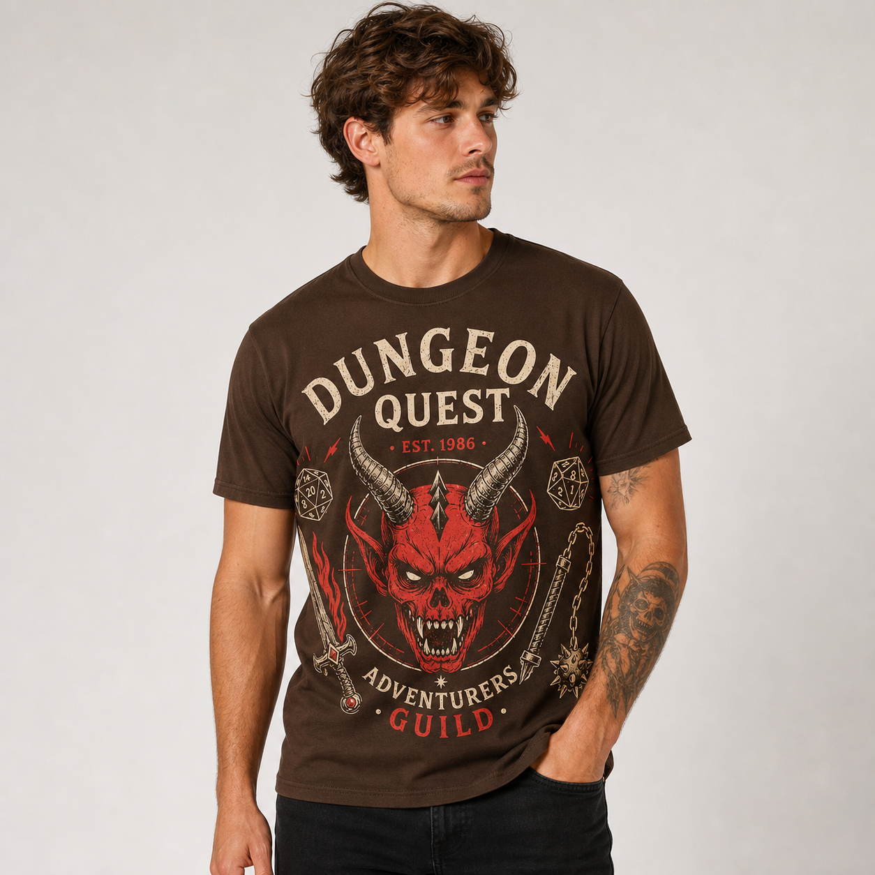 Brown men's dungeon quest graphic tee