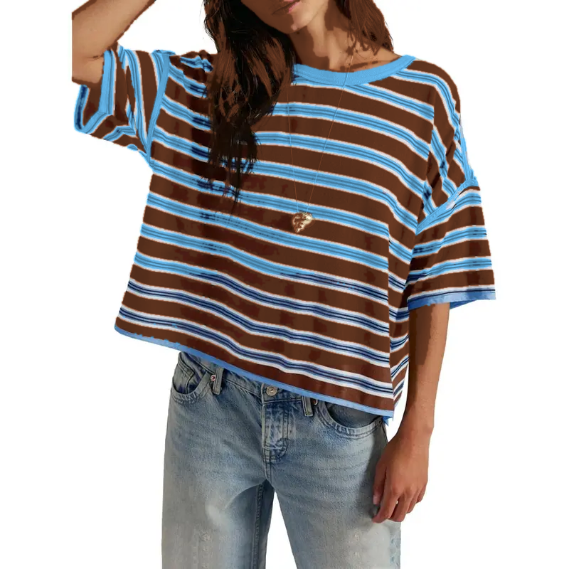 Brown Blue Stripe women's striped oversized boxy tee