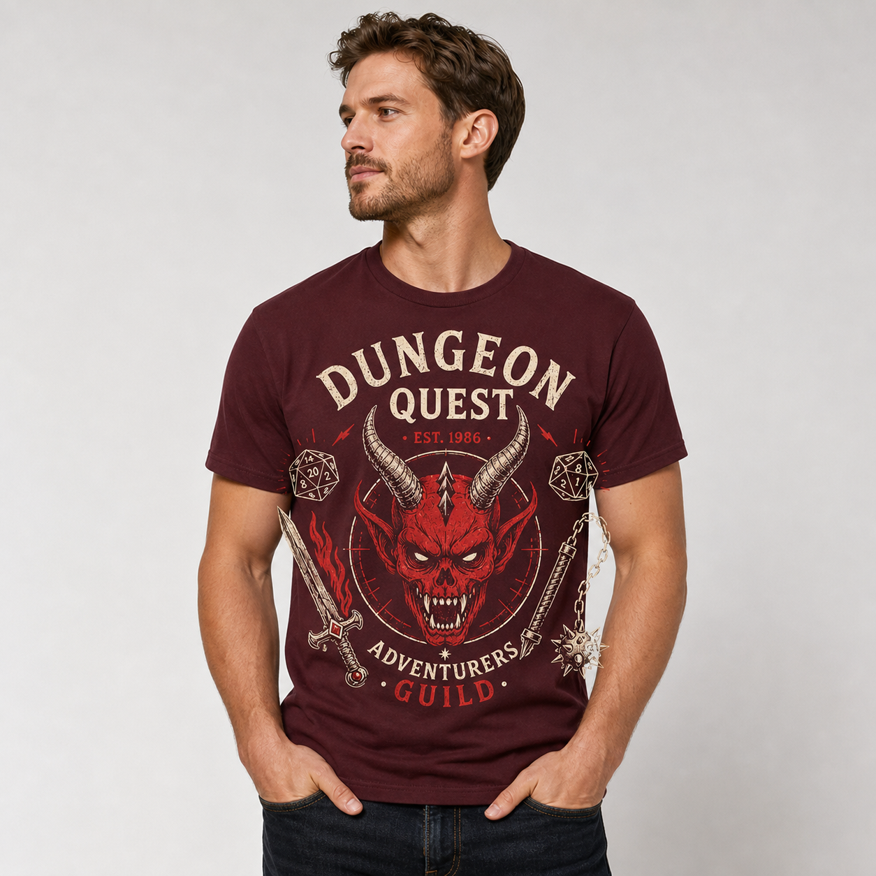 Burgundy men's dungeon quest graphic tee