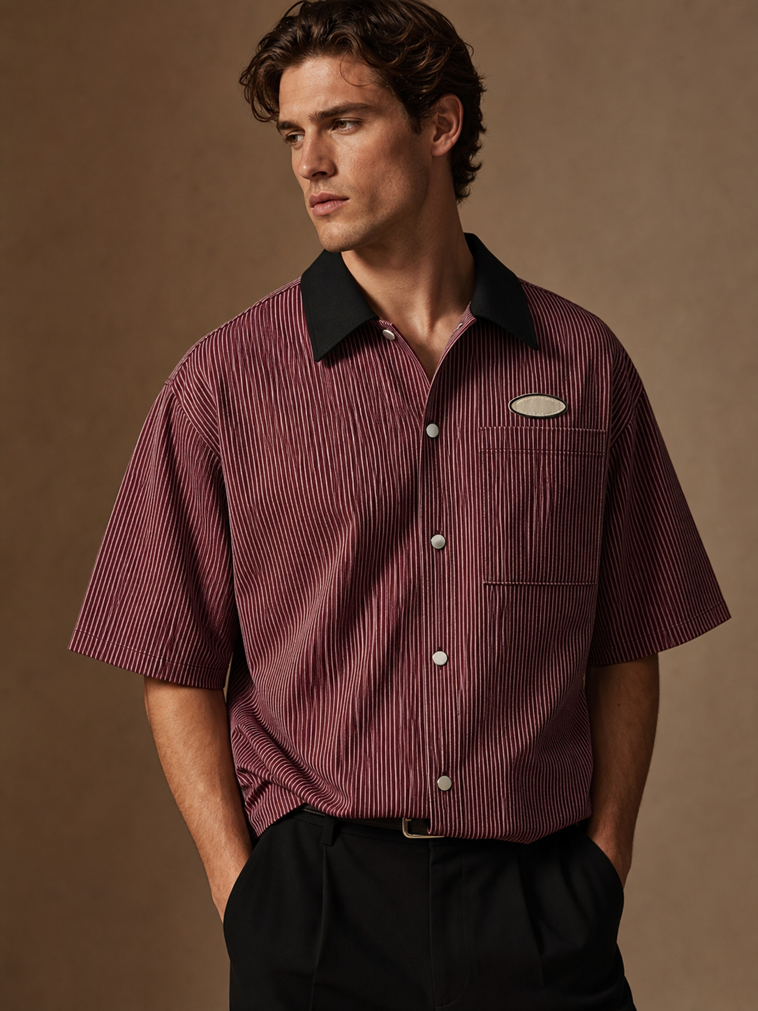 Burgundy men's striped button shirt
