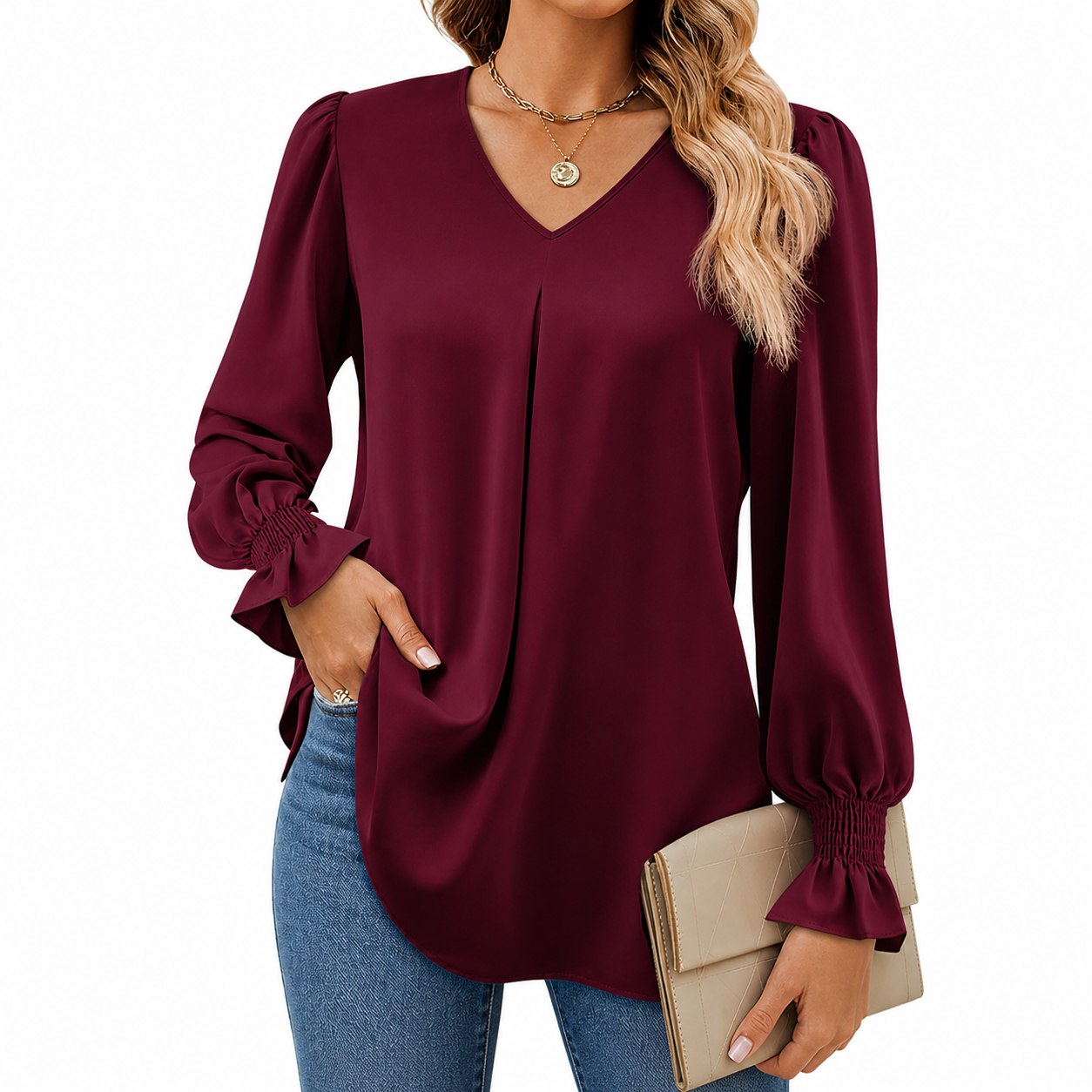 Burgundy women's V-neck pleated sleeve blouse