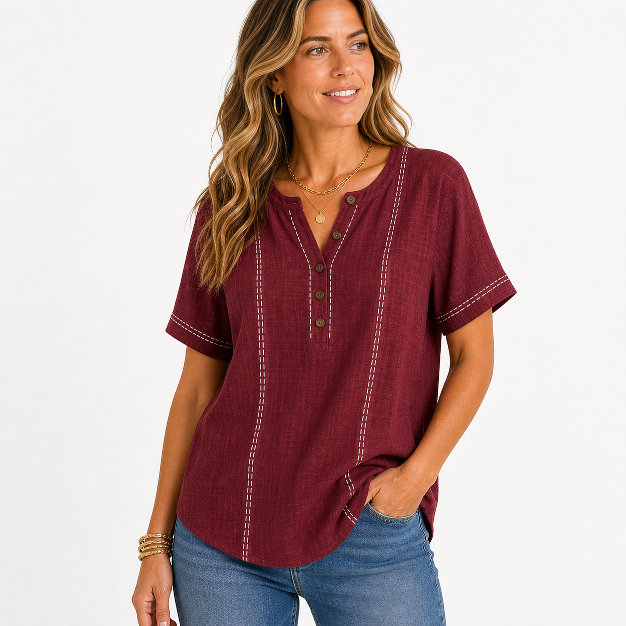 Burgundy women's contrast stitch Henley top