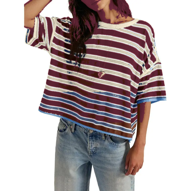 Burgundy Cream Stripe women's striped oversized boxy tee