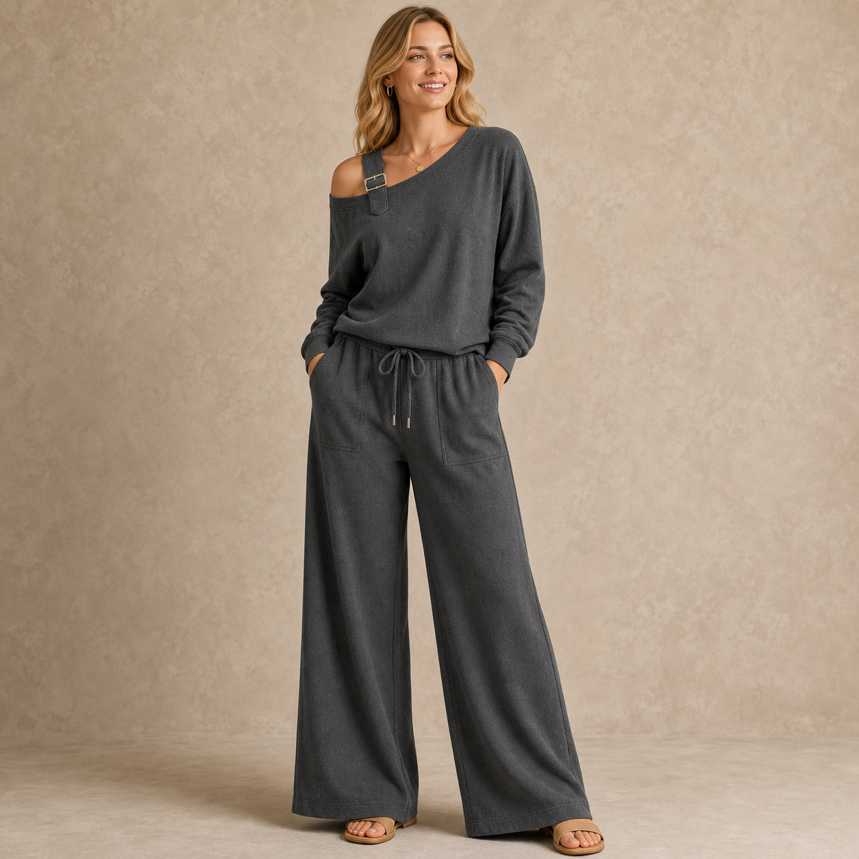 Charcoal women's off shoulder buckle lounge set