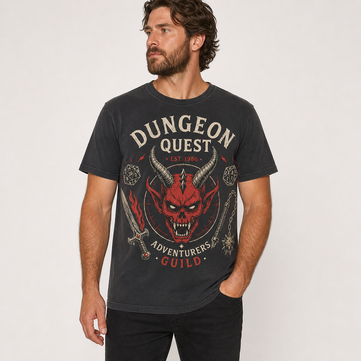 Charcoal men's dungeon quest graphic tee